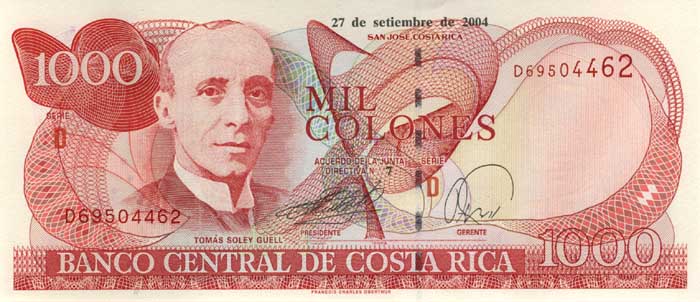 Лицевая сторона банкноты Коста-Рики номиналом 1000 Колонов