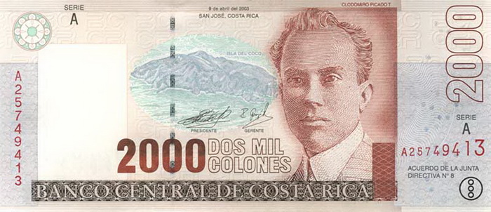 Лицевая сторона банкноты Коста-Рики номиналом 2000 Колонов