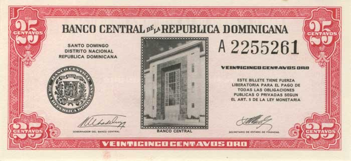 Лицевая сторона банкноты Доминиканской республики номиналом 25 Сентаво