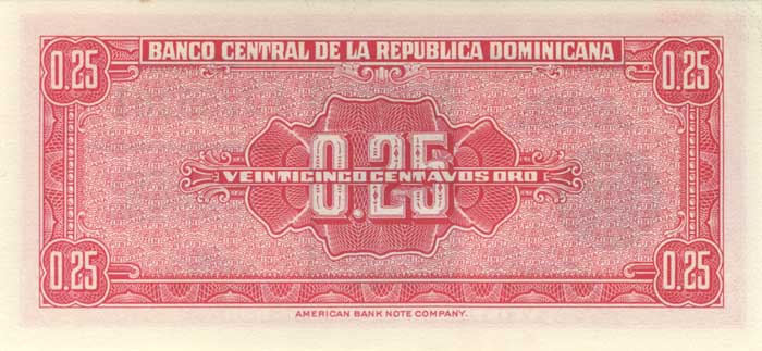 Обратная сторона банкноты Доминиканской республики номиналом 25 Сентаво