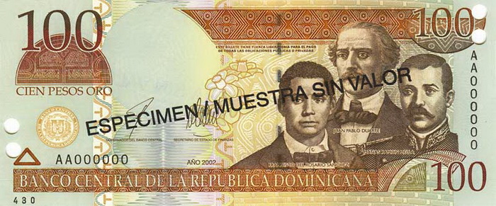 Лицевая сторона банкноты Доминиканской республики номиналом 100 Песо