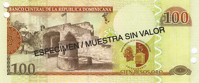 Обратная сторона банкноты Доминиканской республики номиналом 100 Песо