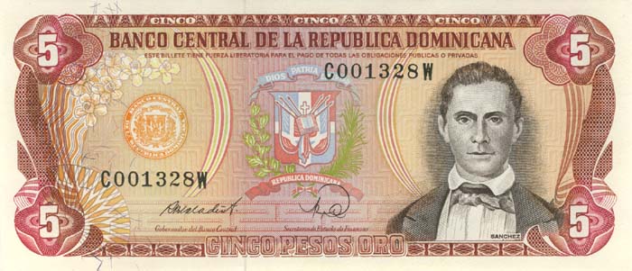 Лицевая сторона банкноты Доминиканской республики номиналом 5 Песо
