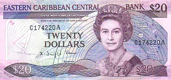 Лицевая сторона банкноты Сент-Китс и Невис номиналом 20 Долларов
