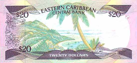 Обратная сторона банкноты Сент-Китс и Невис номиналом 20 Долларов
