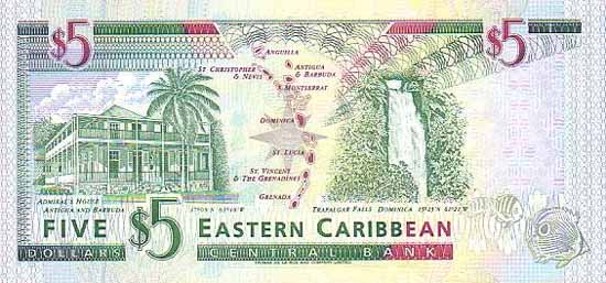 Обратная сторона банкноты Сент-Китс и Невис номиналом 5 Долларов