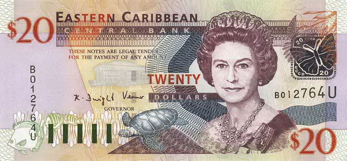 Лицевая сторона банкноты Сент-Китс и Невис номиналом 20 Долларов