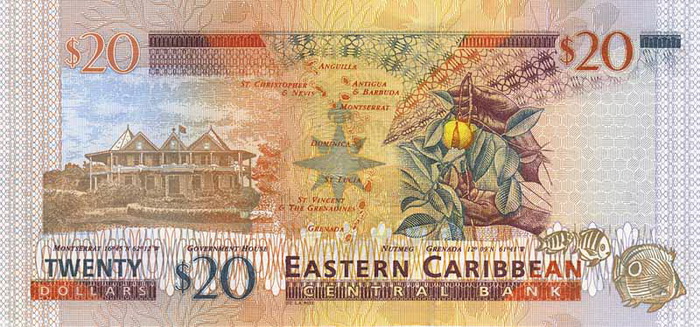 Обратная сторона банкноты Сент-Китс и Невис номиналом 20 Долларов