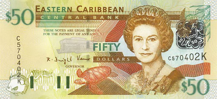 Лицевая сторона банкноты Сент-Китс и Невис номиналом 50 Долларов