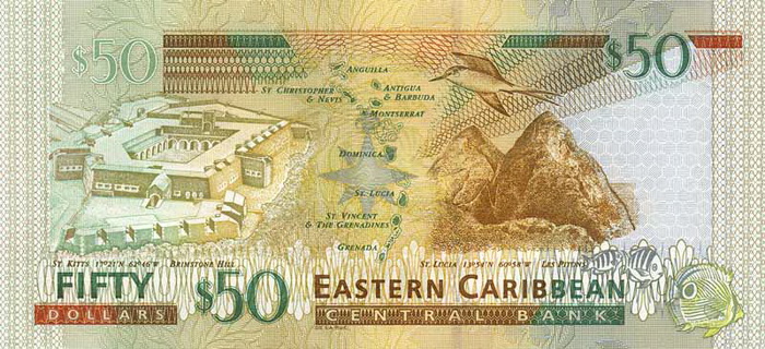 Обратная сторона банкноты Сент-Китс и Невис номиналом 50 Долларов