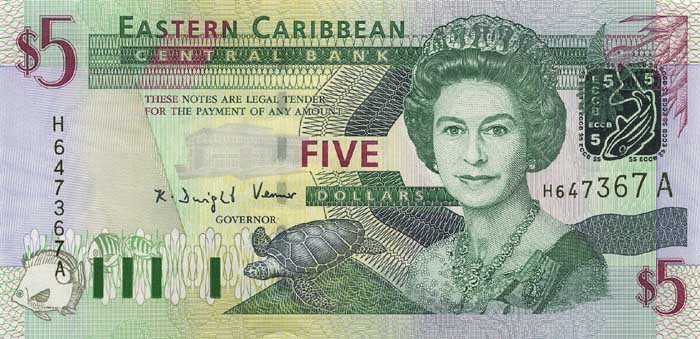 Лицевая сторона банкноты Сент-Китс и Невис номиналом 5 Долларов