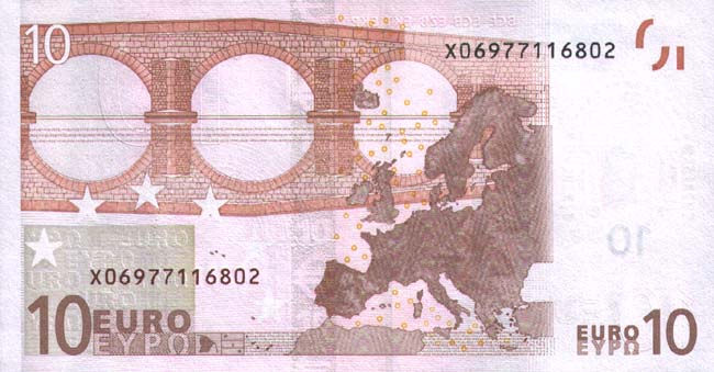 Обратная сторона банкноты Испании номиналом 10 Евро