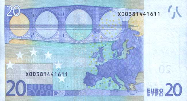 Обратная сторона банкноты Испании номиналом 20 Евро