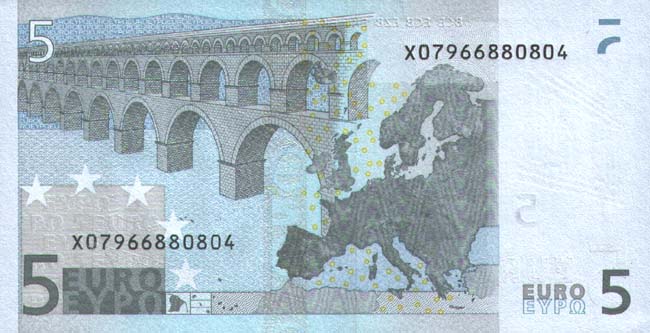 Обратная сторона банкноты Испании номиналом 5 Евро