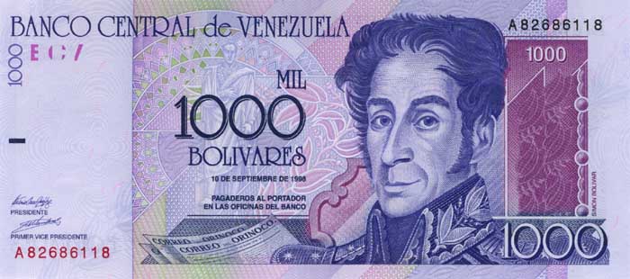 Лицевая сторона банкноты Венесуэлы номиналом 1000 Боливаров