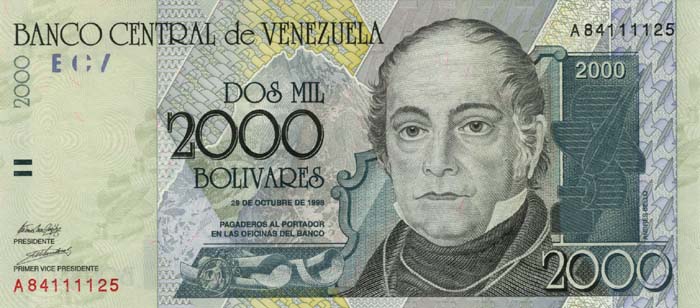 Лицевая сторона банкноты Венесуэлы номиналом 2000 Боливаров