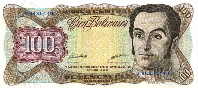 Лицевая сторона банкноты Венесуэлы номиналом 100 Боливаров