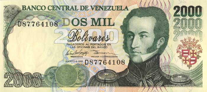 Лицевая сторона банкноты Венесуэлы номиналом 2000 Боливаров