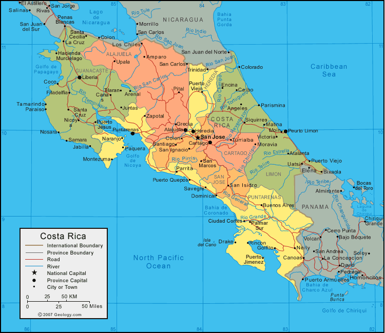Подробная карта Коста-Рики